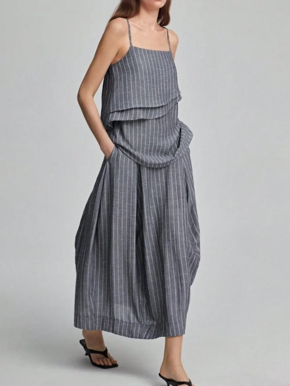 Gray Pinstripe Tiered Cami Top & Maxi Skirt Set